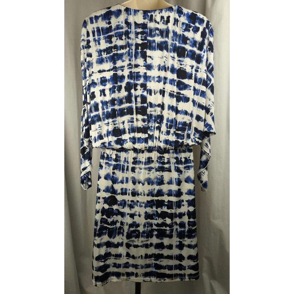 PARKER Blouson Dress Stretch Drape Faux Wrap Watercolor Blue Dolman Sleeve M L - Picture 3 of 6